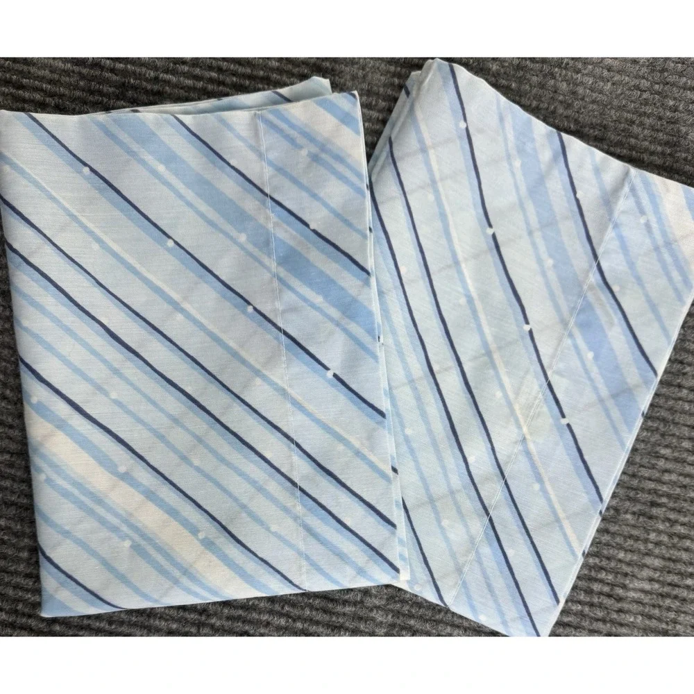 Vintage Pillowcase Pair Blue Navy Stripe Coastal Retro Standard Cottage 1970s